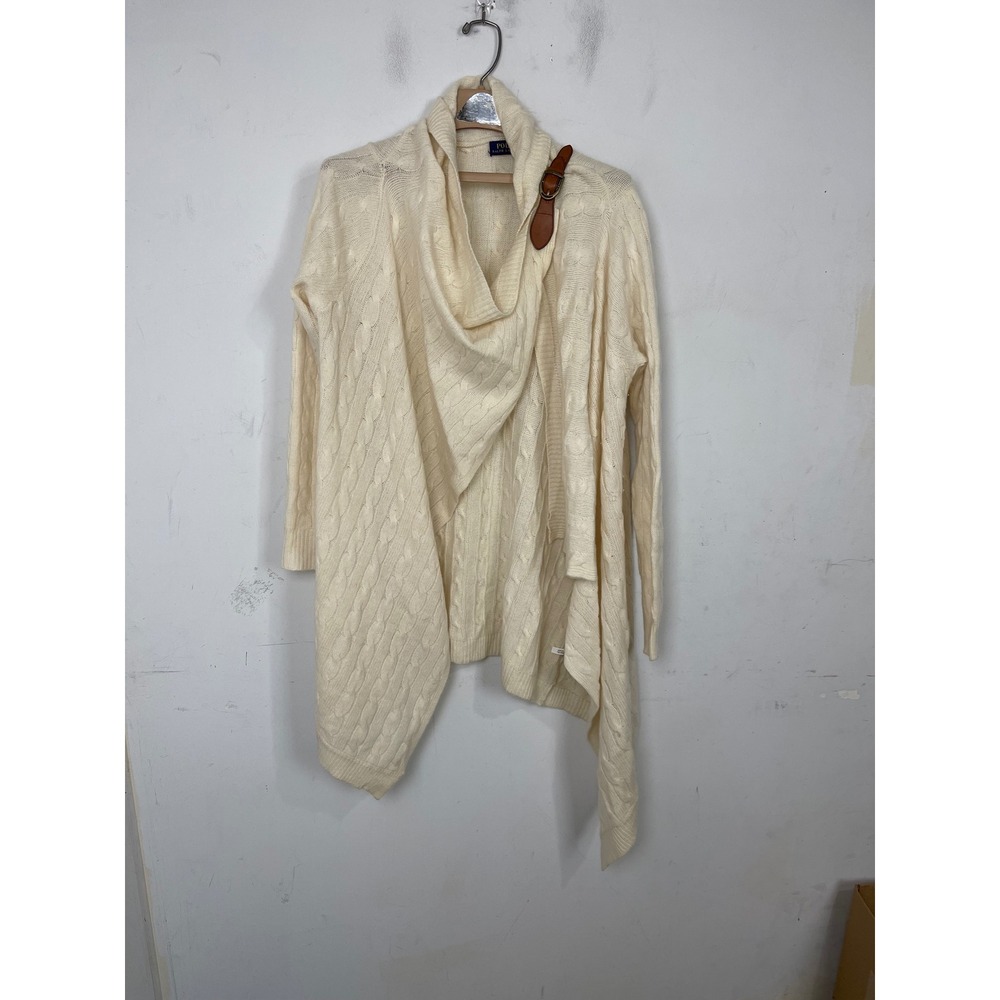 Polo Ralph Lauren Merino Cashmere Cable Knit Cardigan Cream Leather Buckle‎ L